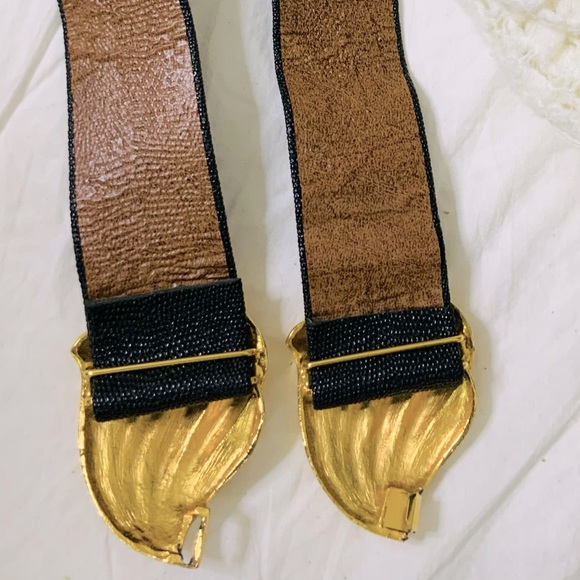 Black Brown Leather Reversible Belt Bold Gold Leaf Buckle main image 7